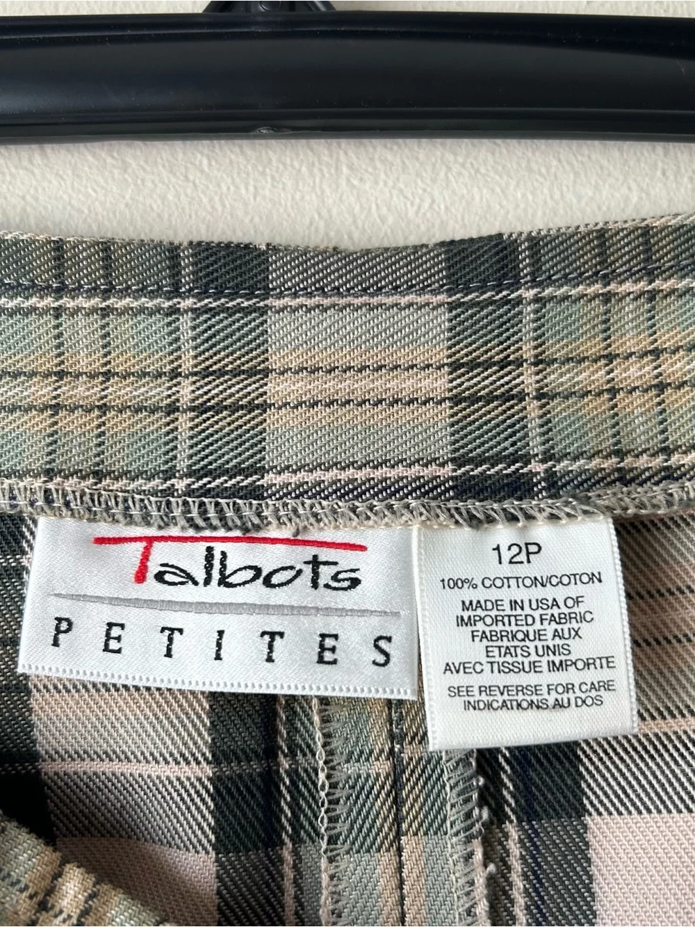 Talbots Vintage Petites 100% Cotton Midi Skirt Plaid Tan Green 12P